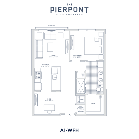 Floor plan for 1 bed, 1 bath, 747 sqft